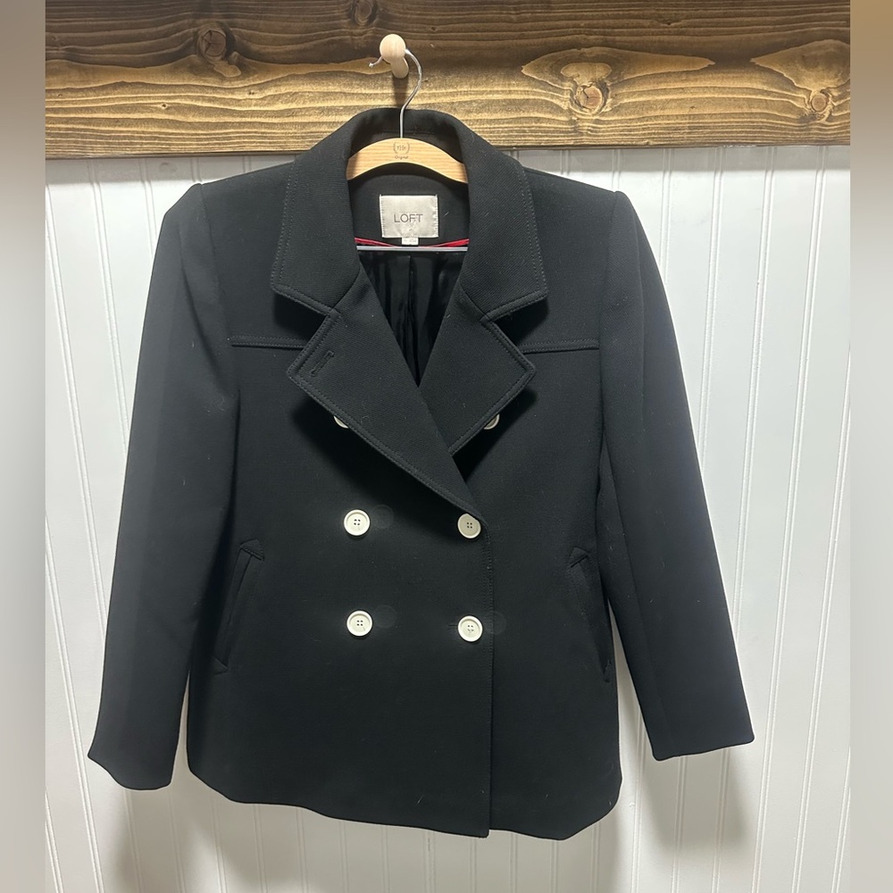LOFT Womens Black DoubleBreasted Jacket Pea Coat Sz XS Career Work Professional